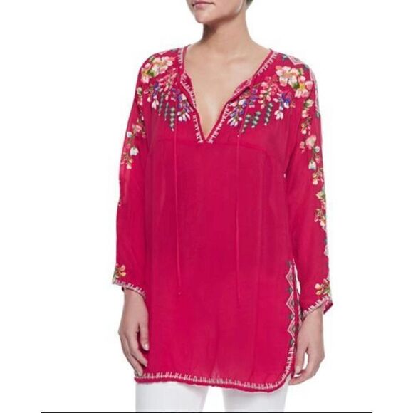Johnny Was Red Floral Embroidered Tie Yoke Neck Tunic Top Blouse Sz M Geometric - Picture 1 of 11